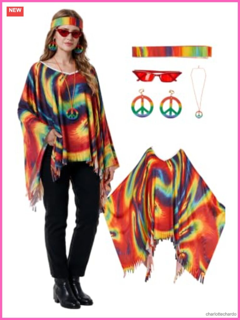 Hippie Costume Accessory Set 60s 70s Tie Dye Poncho Fringe